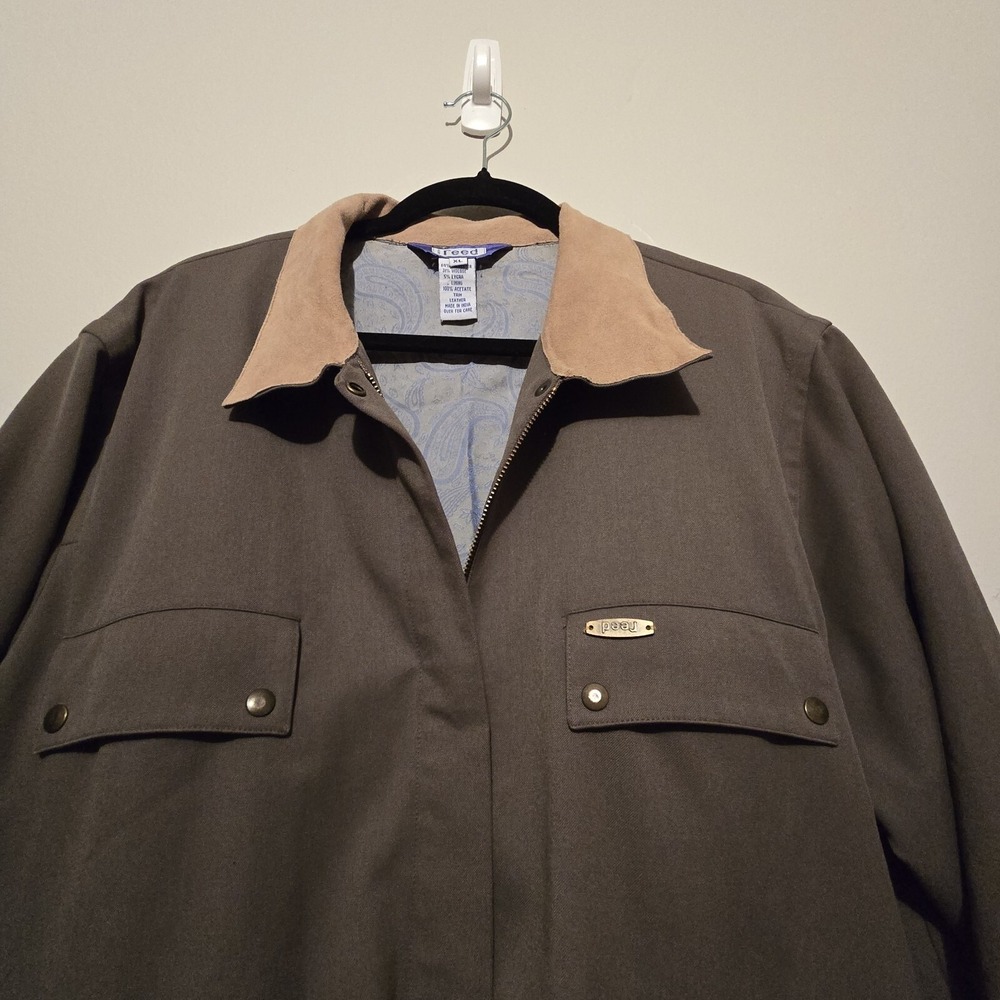 Austin Reed Field Jacket XL‎ Chore Barn Coat Olive Leather Collar Elbow Gorpcore - Picture 4 of 16